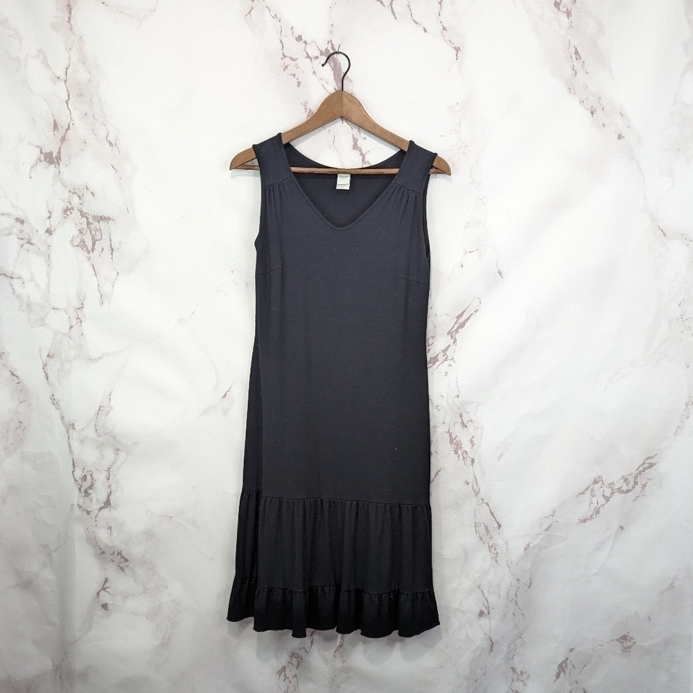 Garnet Hill Dress Small Black Tank Ruffle Stretch Sleeveless Jersey Viscose V